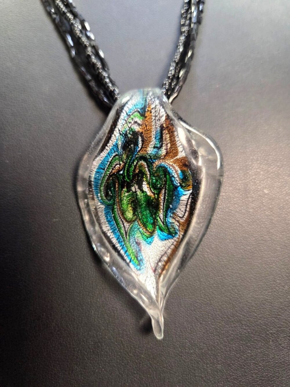 Handcrafted Glass Pendant Necklace Black Beaded 4 Strand Multicolor Abstract